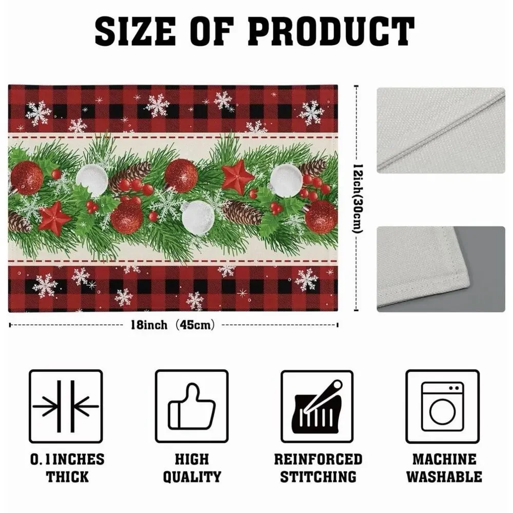 Christmas Placemats Set of 4 - Xmas Bells Place Mat 12x18 Buffalo Plaid